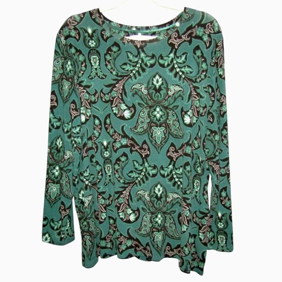 Chicos Green Black Pink Floral Tunic Top Womens Size XXL 4 Long Sleeve Rayon - Picture 1 of 7